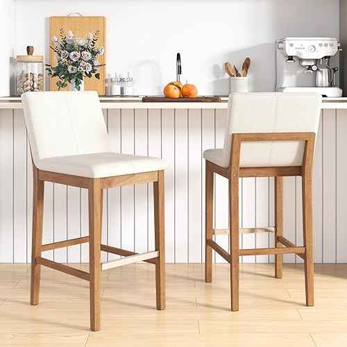 chairus Juego de 2 taburetes de bar altos de tela, taburetes de bar tapizados de lino con patas y respaldo de madera maciza para cocina, isla de