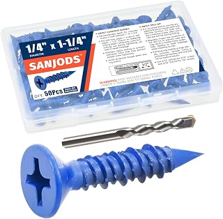 1/4" x 1-1/4" Concrete Screw Anchor, Blue Flat Head Screws for Anchoring to Masonry, Brick, Block, Cement or Stucco (Pack of 50)