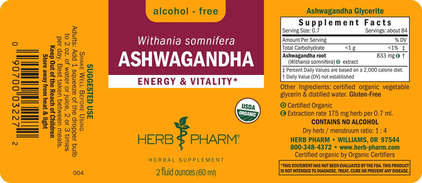 Herb Pharm Certified Organic Ashwagandha Extract Drops for Traditional Support for Energy and Vitality, Alcohol-Free Glycerite, 2 Oz