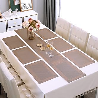 HOKIPO PVC Set of 6 Dining Table Mats with Runner (AR2310, Polyvinyl Chloride, Large, Brown)