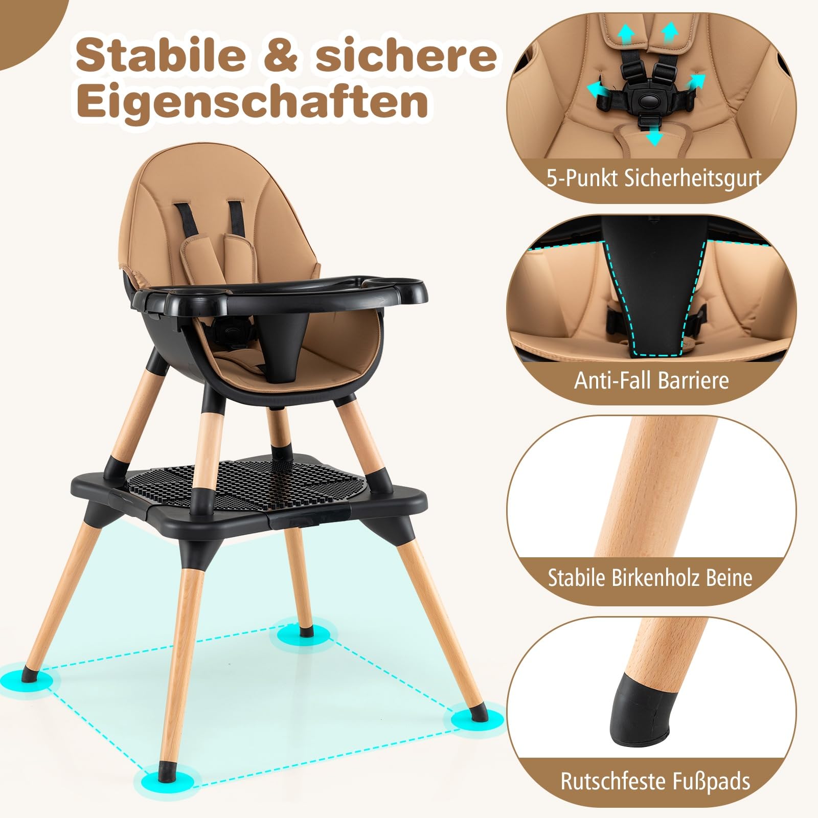 GOPLUS 6 in 1 Hochstuhl Baby, Kinderstuhl mit abnehmbares Bausteintisch, Babyhochstuhl mit verstellbar Doppeltablett, Kombihochstuhl, Essstuhl, Lerntisch, Kinderhochstuhl für 6-36 Monate (Braun)