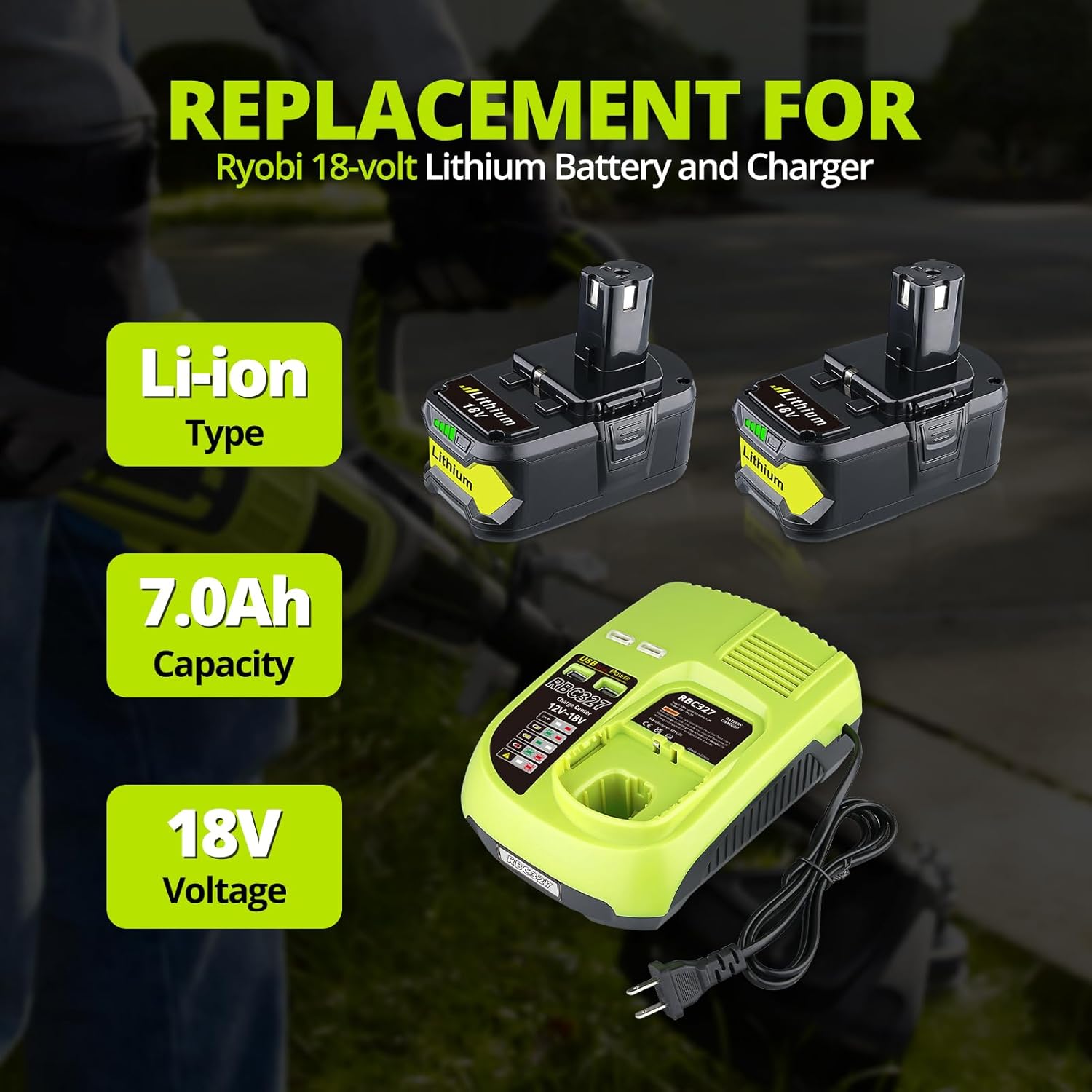 2Packs 7.0Ah P108 Battery Replacement for P108 Battery With P117 Charger Dual USB Replacement for Ryobi 18v Lithium Battery Compatible with Ryobi 18V P103 P104 P105 P107 P108 P109 Cordless Power Tools