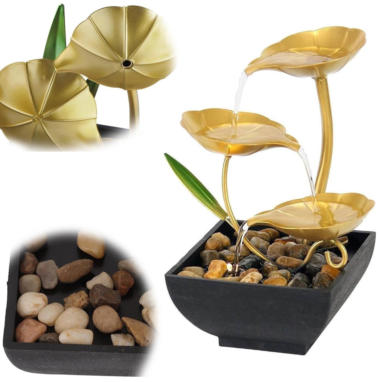 Flygon Indoor Tabletop Fountain 3-Tier Gold Lotus Leaf Relaxation