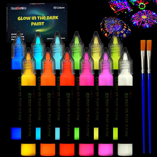 FansArriche Glow dans la peinture noire, 12 Couleurs x 20 ml Peinture de tissu 3D Peinture acrylique au néon pour Halloween, Décorations de Noël, Peinture lumineuse pour vêtements, Toile, Verres, Roches, Favoris de la fête