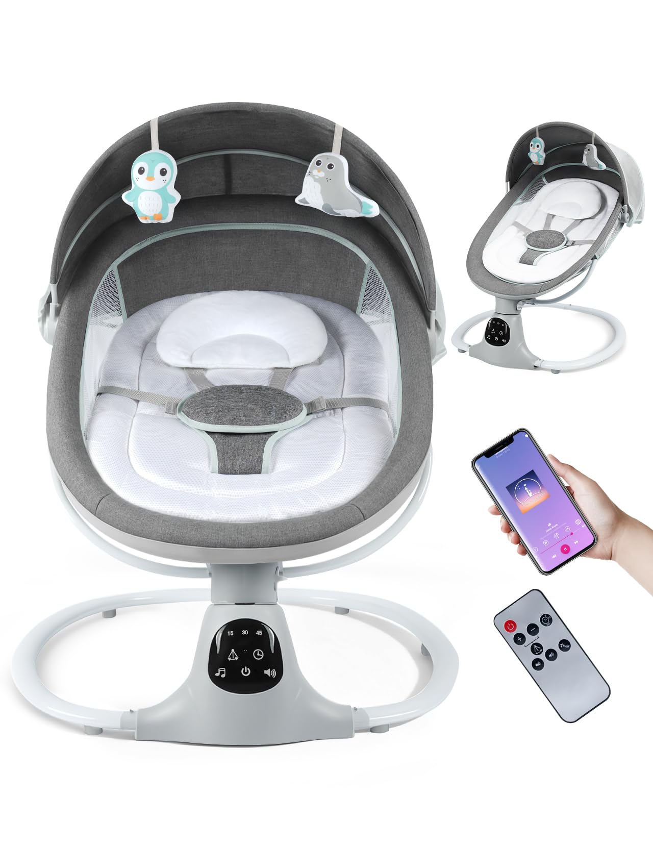 Electric Baby Swing for Infants to Toddler, Portable Swing Baby Rocker with 5 Point Harness, 5 Sway Speed, Bluetooth,12 Preset Lullabies with Remote Control, Infant Swing for Baby Boys & Girls, Grey