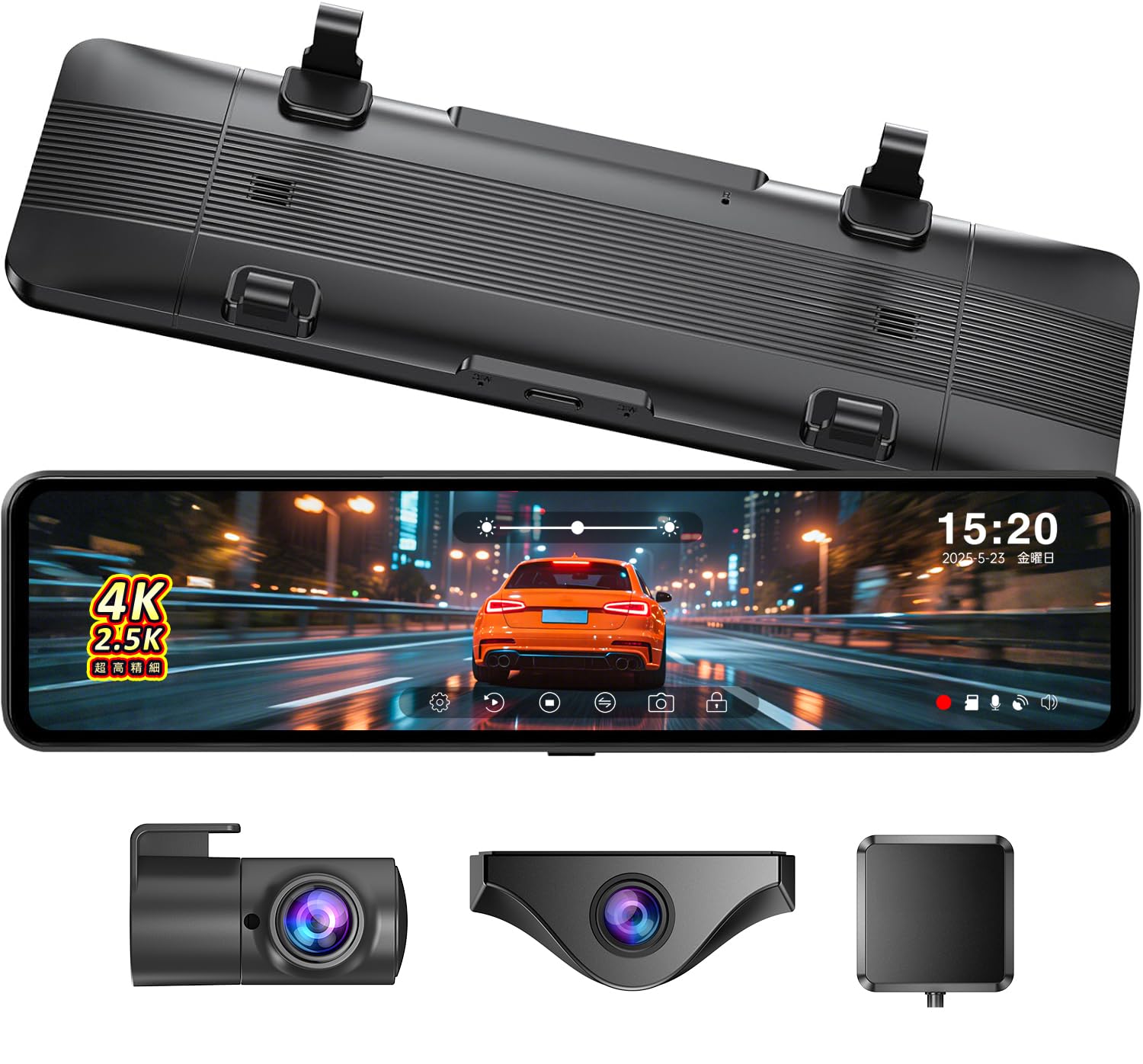 ザッキー様ドライブレコーダー ミラー型 12インチ 4K 前後カメラ