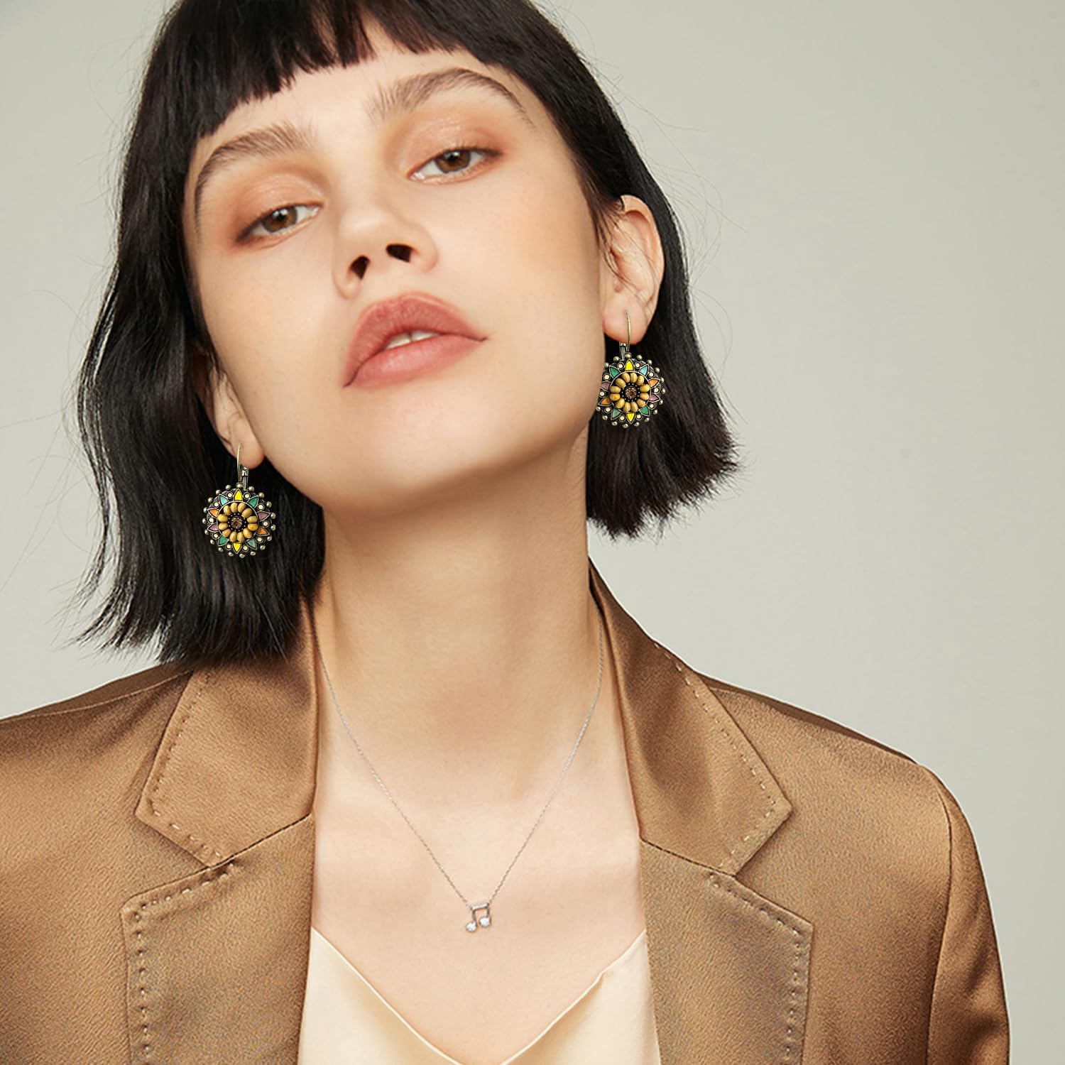 Bohemian Vintage Bronze Geometry Round Enamel Flower Dangle Hoop Lever Back Earrings Ethnic Handmade Wooden Beaded Circle Disc Teardrop Dangle Drop Earrings For Women image 2