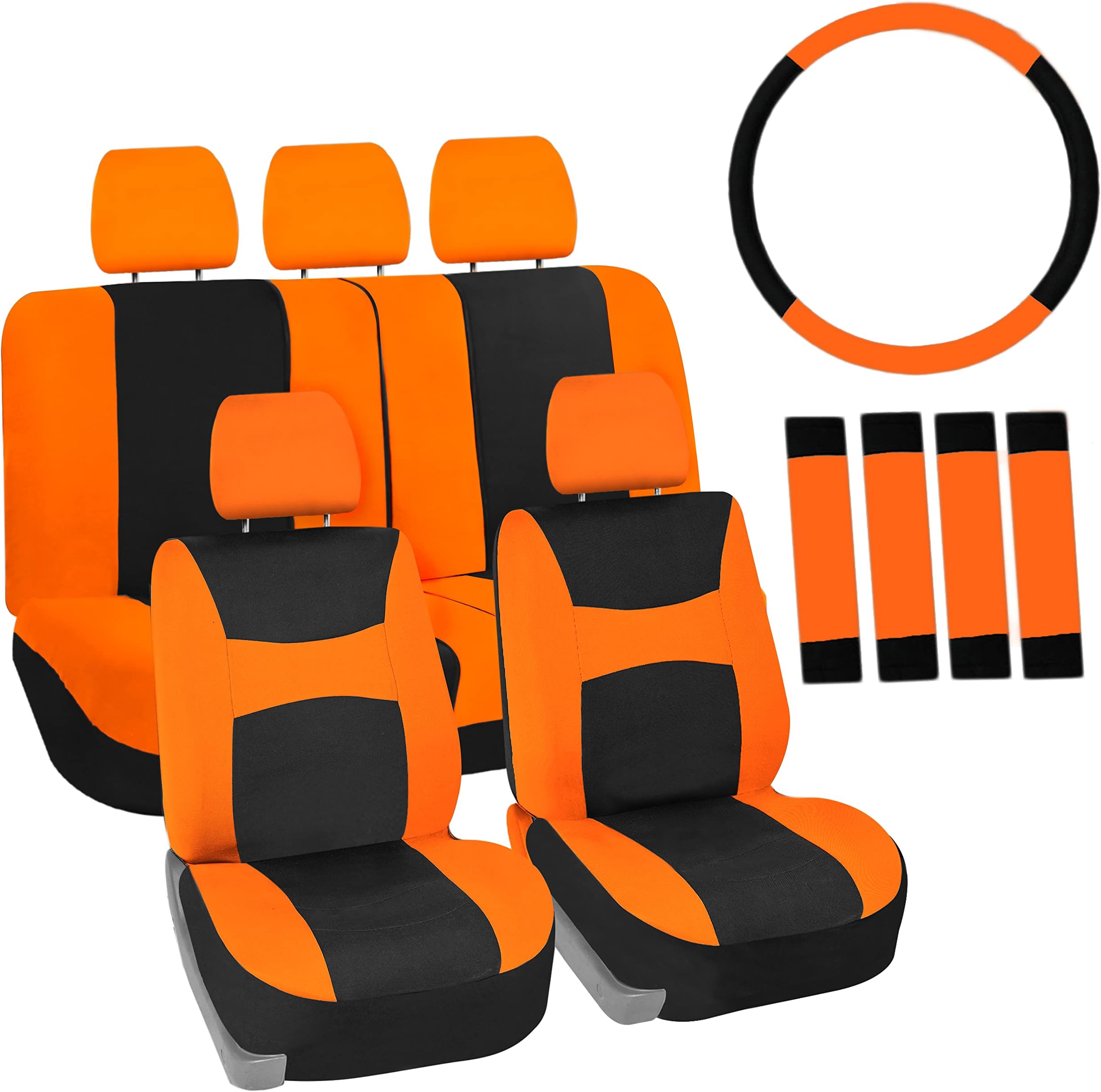 FH Group FB030ORANGE-COMBO Seat Cover Combo Set with Steering Wheel Cover and Seat Belt Pad (Airbag Compatible and Split Bench Orange)