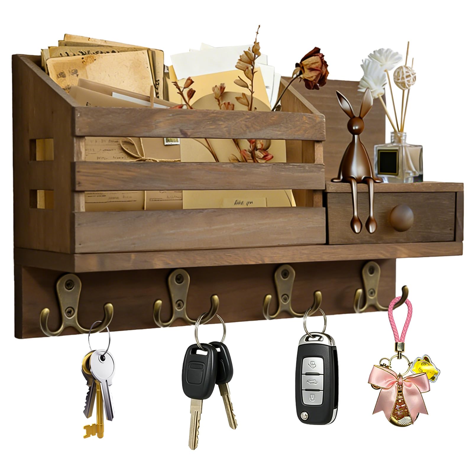 KASURE Key Holder Wall Mount, Key and Mail Holder for Wall with 8 Hooks and Drawer, Wooden Adhesive Mail and Keys Organizer for Entryway Bedroom Hallway Office (Brown)