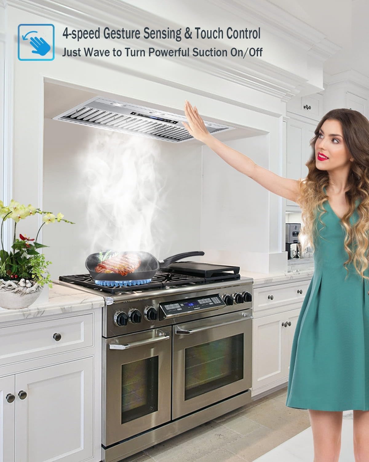 42 Inch Range Hood Insert, 970 CFM Insert Range Hood, with Remote, 4-Speed Gesture Sensing Range Hood Insert, Touch Control Vent Hood Insert, Stainless Steel Hood Range Insert, EK22-42-1