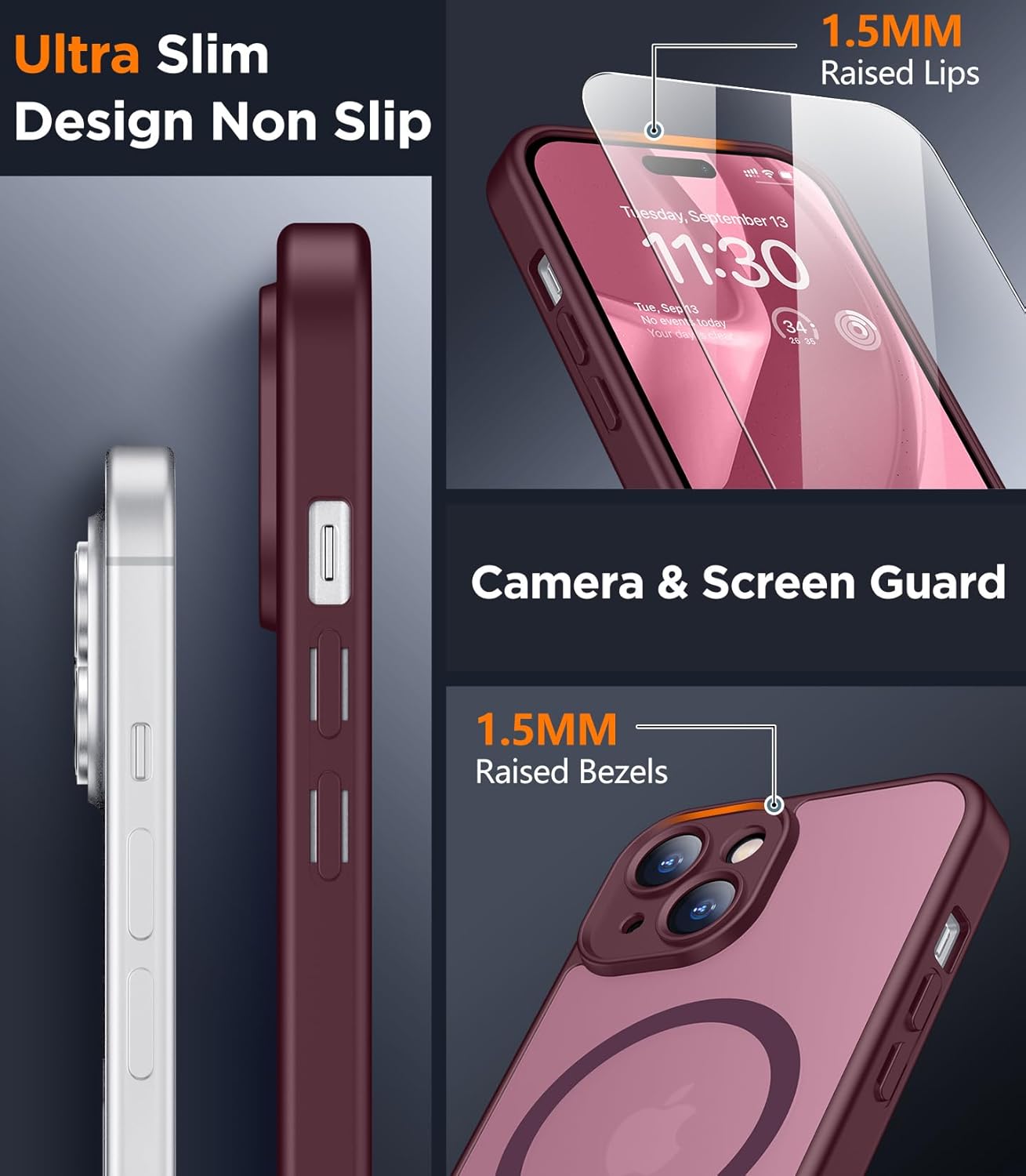 SPIDERCASE Designed for iPhone 15 Case, Magnetic with [2 Tempered Glass Screen Protector] [Full Camera Protection] Anti-Scratched Slim Phone Case for iPhone 15 6.1”,Wine Red - Image 5