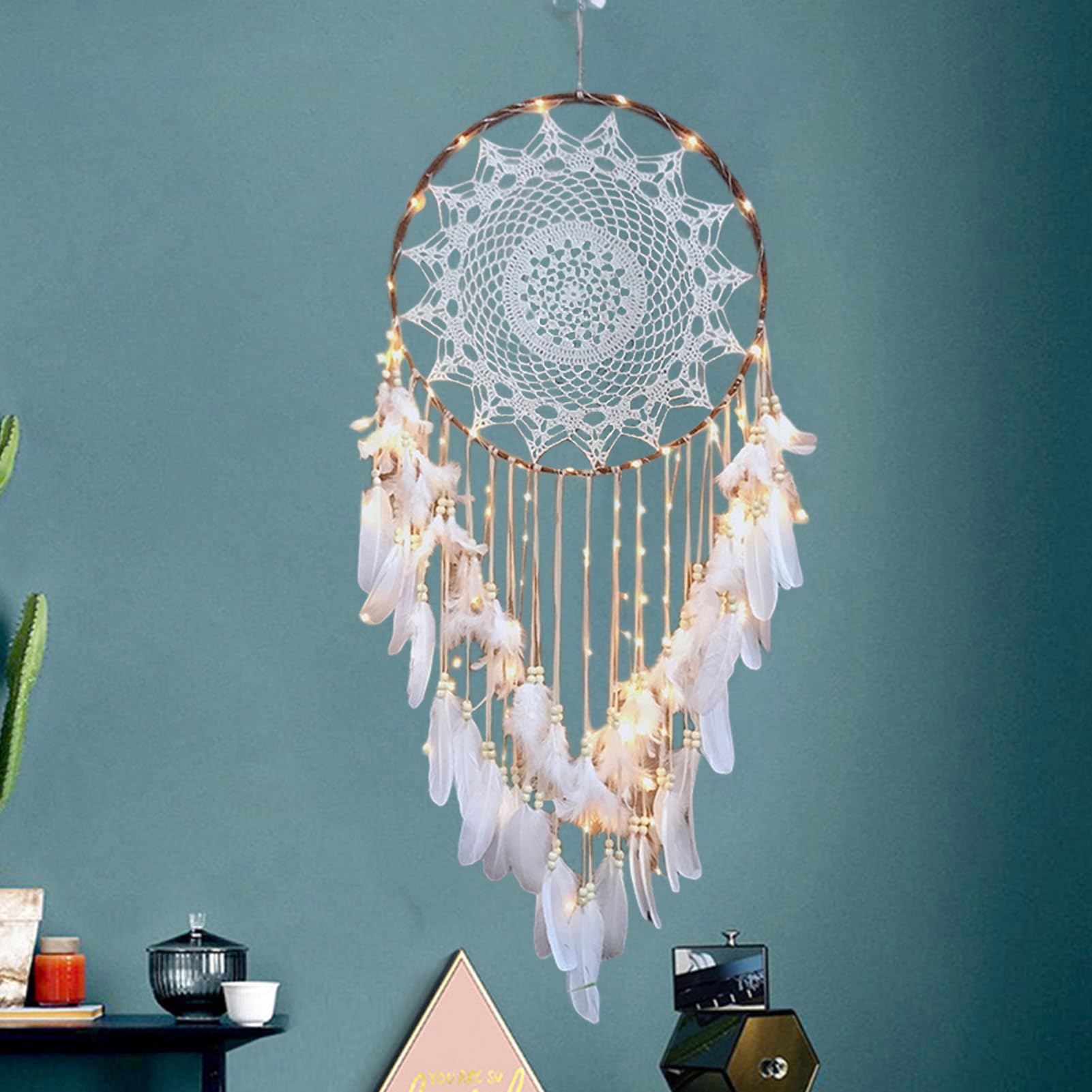 VAODO Tapestry, Sunflower Dream Catcher with String Lights, Handmade Tassel Woven Wall Decor, Bohemian Style with Feathers, Suitable for Living Room, Balcony, Bedroom, Dormitory