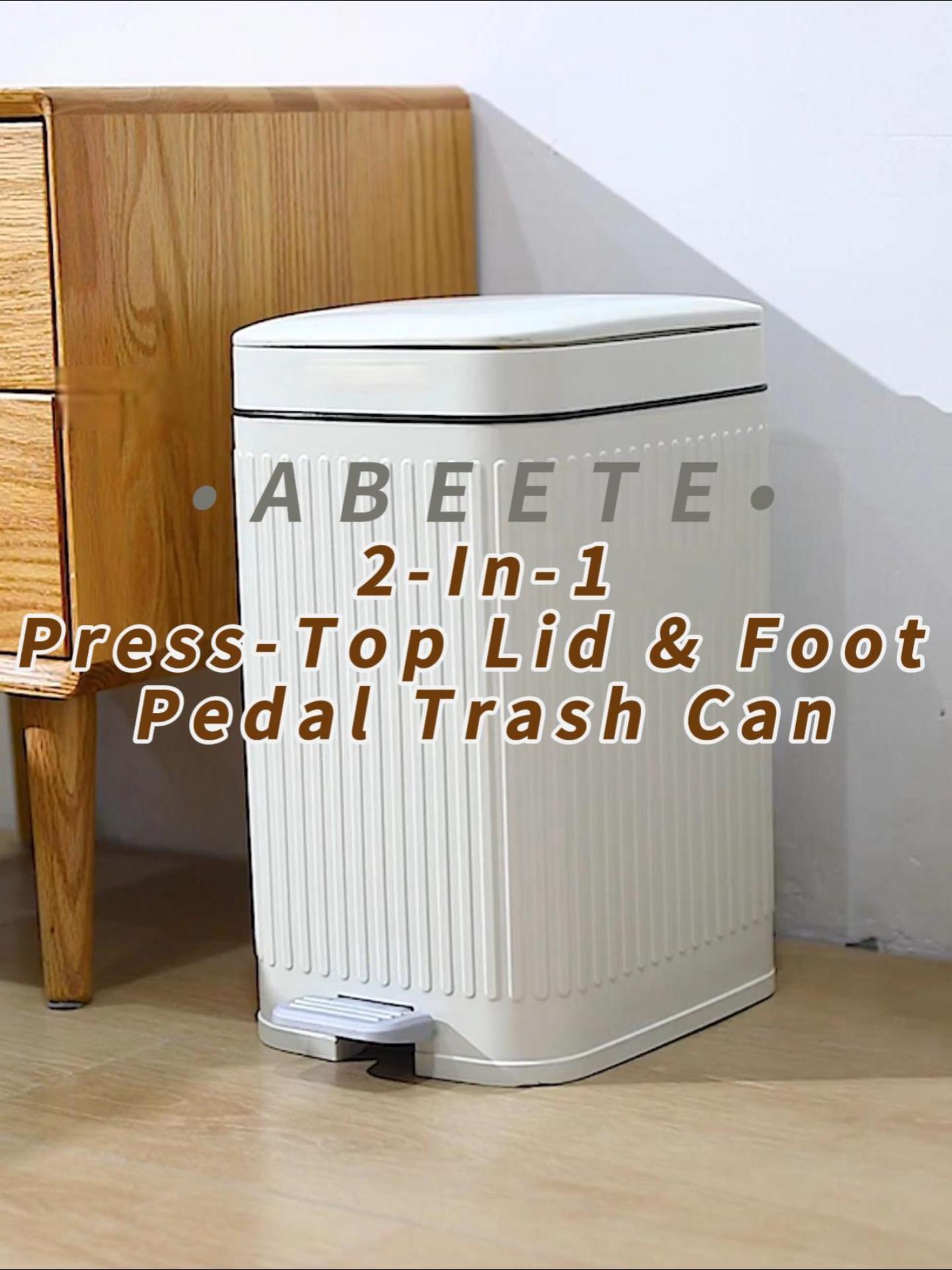 Image of Small Bathroom Trash Can with Lid, Press-Top Lid & Foot Pedal 2-in-1 Garbage Can, 2.6 Gal Plastic Wastebasket Soft Close, Dog proof, Slim Step-On Trash Bin for Kitchen, Office, Bedroom, Dorm-White-10L