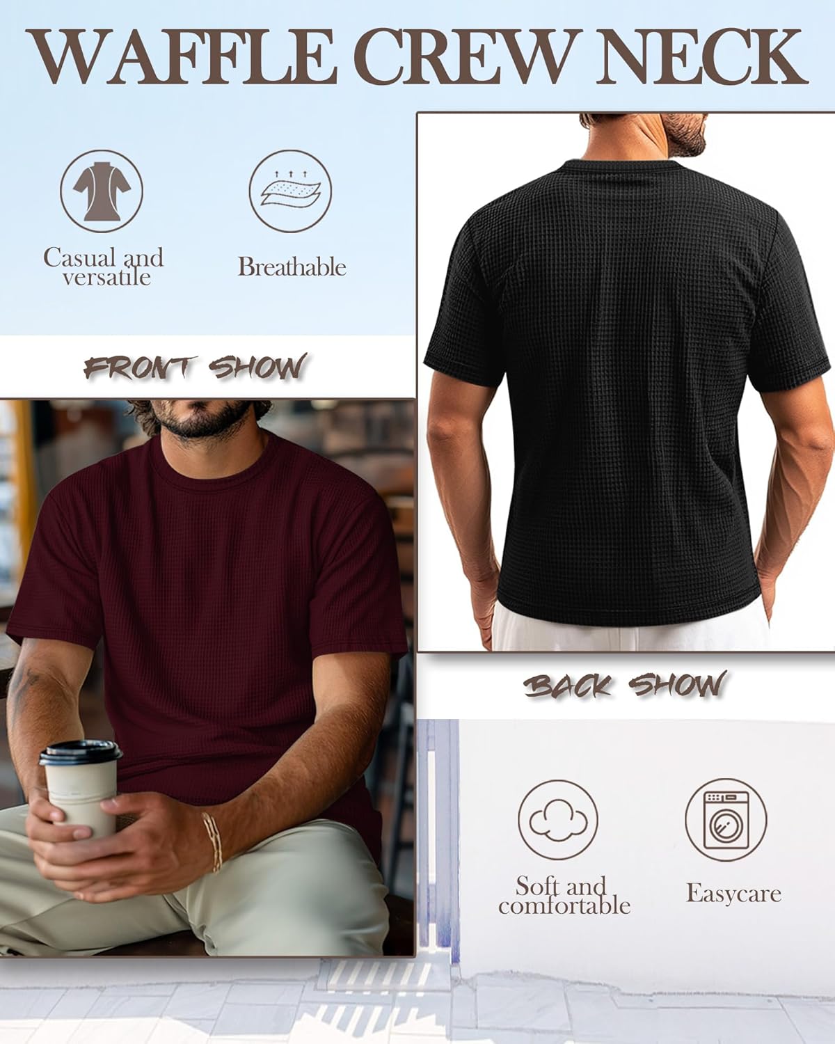 Ficerd 3 Pack Men's Short Sleeve Waffle Knit Shirts, Casual Textured Crew Neck Summer T-Shirts Lightweight Solid Pullover Tee - Image 2