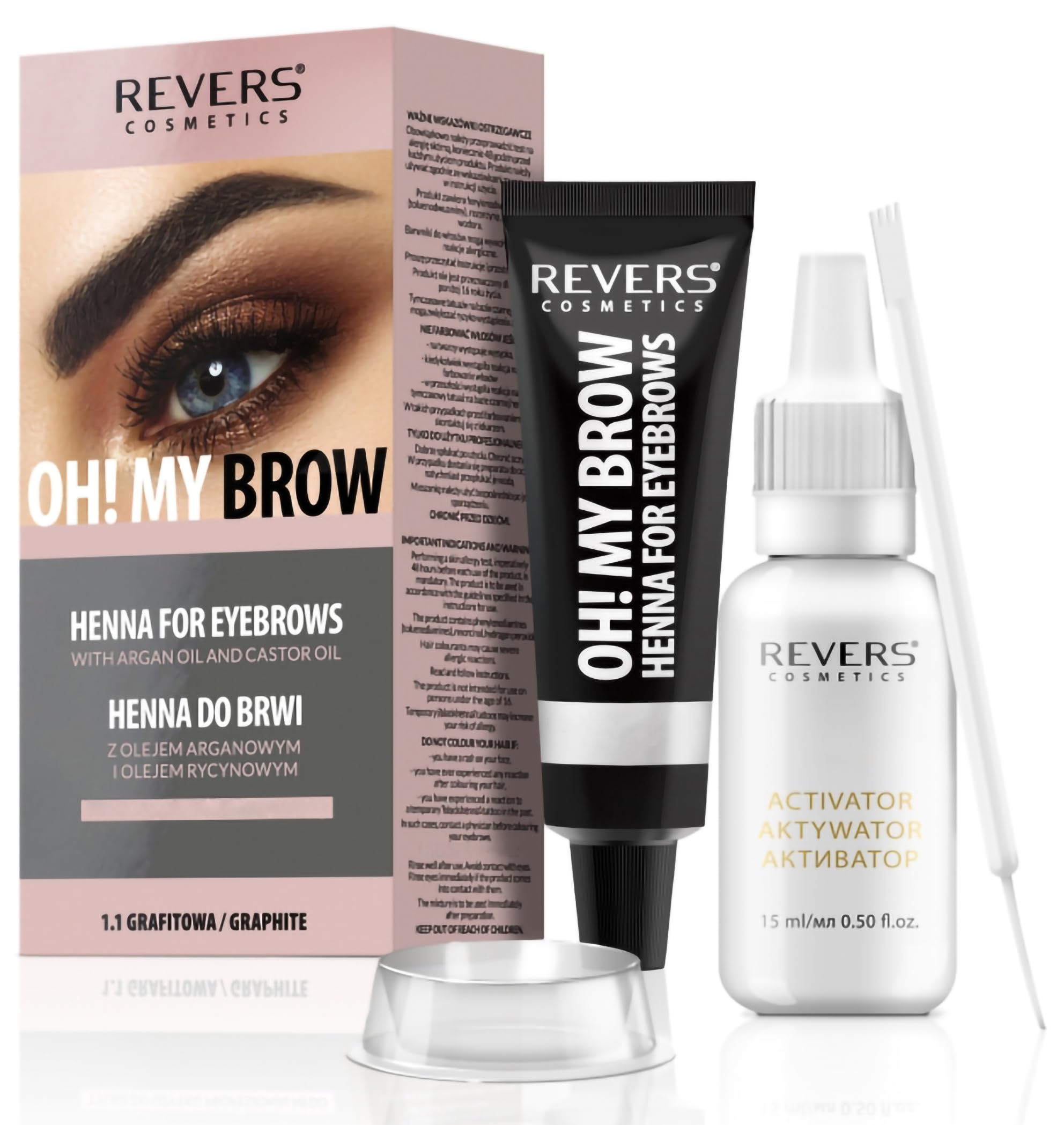 REVERS COSMETICS Tinta Sopracciglia Grafite con Olio di Argan e Olio di RIcino (Omega 6, Carotene, Vitamins A, E, F,) Risultato Naturale, Dura Fino a 4 Settimane, 15+ Applicazioni