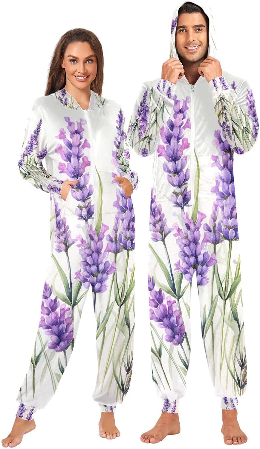Purple Lavender Floral Adult Onesie Pajamas for Unisex Novelty One Piece Costume Sleepwear