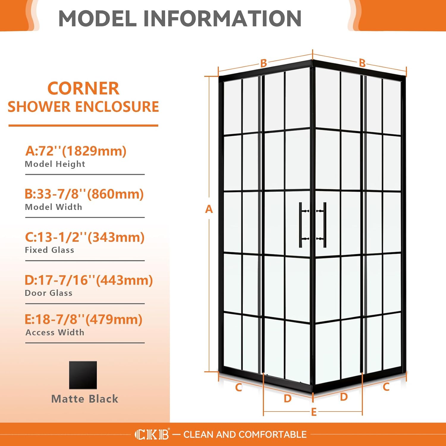 Diagram showing dimensions of CKB Corner Shower Enclosure