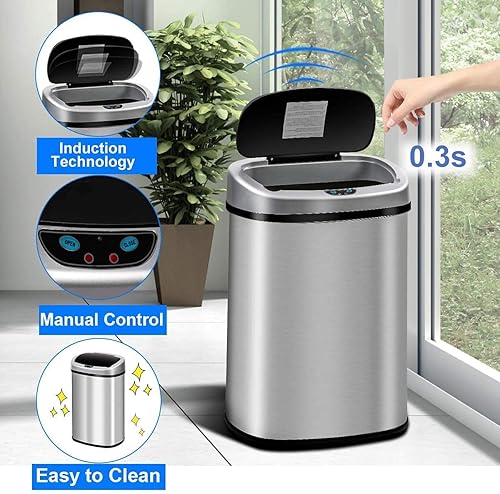 Miniatura 4 de Cubo de basura automático de acero inoxidable de 13 galones con tapa, sensor de movimiento, para cocina, hogar, oficina, sala de estar, dormitorio
