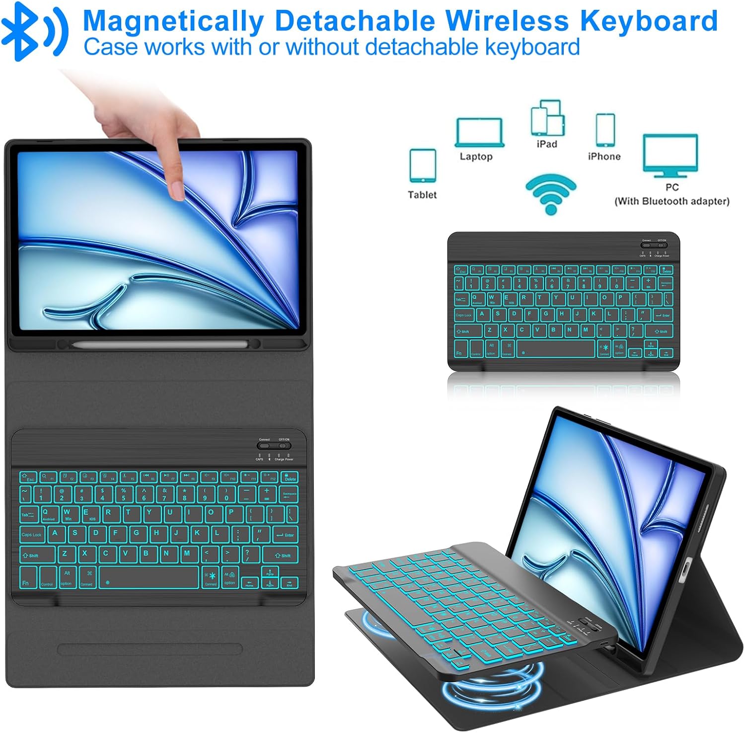 Keyboard Case for iPad Air 11-inch (M3 2025 / M2 2024), 7 Color Backlit Detachable Bluetooth Keyboard Cover with Pencil Holder, Multi-Angle Stand, Black
