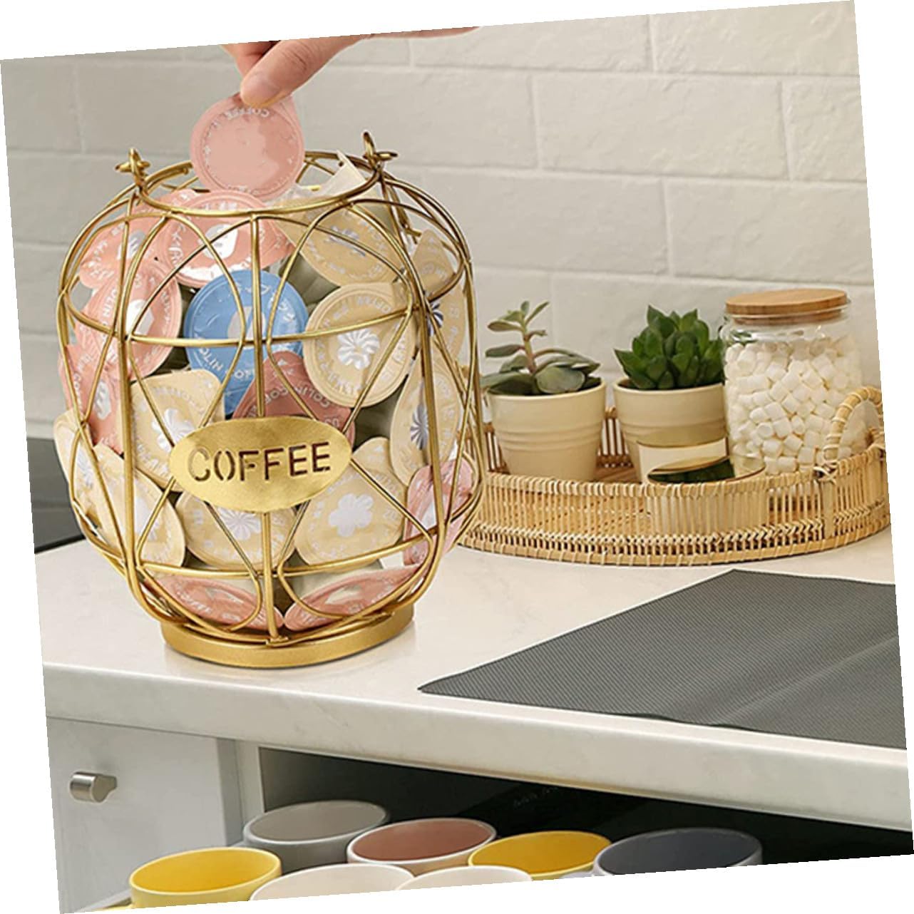 Coffee Capsules Rack Large Iron Art Coffee Pod Holder Golden Storage Basket for Kitchen Countertop Supplies