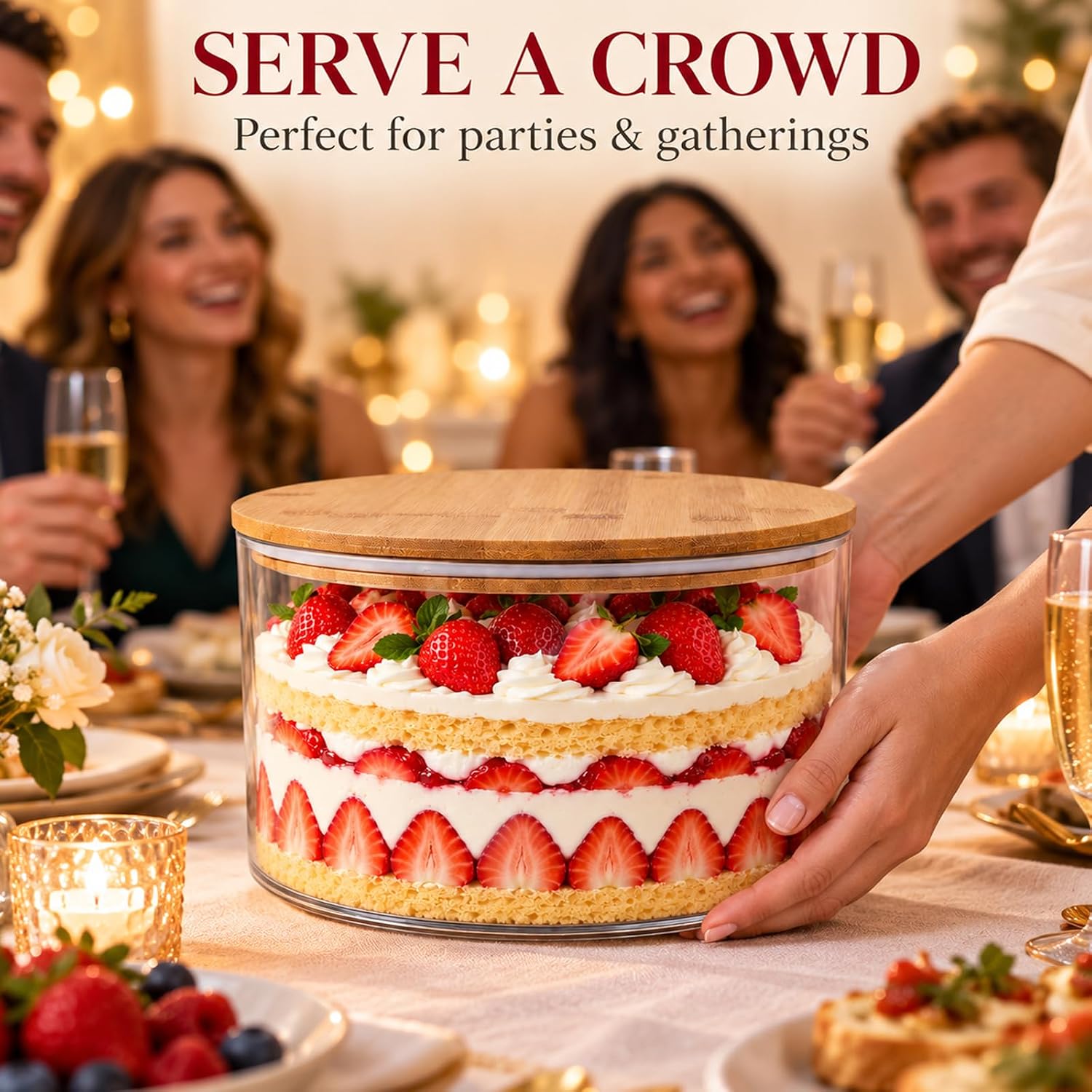 Large Trifle Bowl with Lid Set, 2 Pack 152 oz & 105 oz Clear Serving Bowls with Bamboo Lids, Cake Salad Fruit Dessert Bowls for Party, Kitchen Storage and Serving