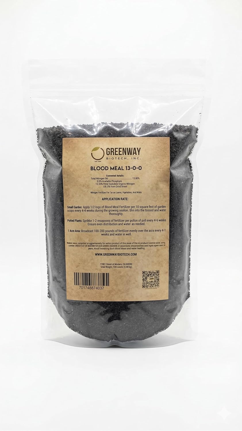 Greenway Biotech Blood Meal 13-0-0 for Flowers, Fruits, Vegetables, Plants- Nitrogen Fertilizer Plant Food for Home Gardening - 4 Pounds