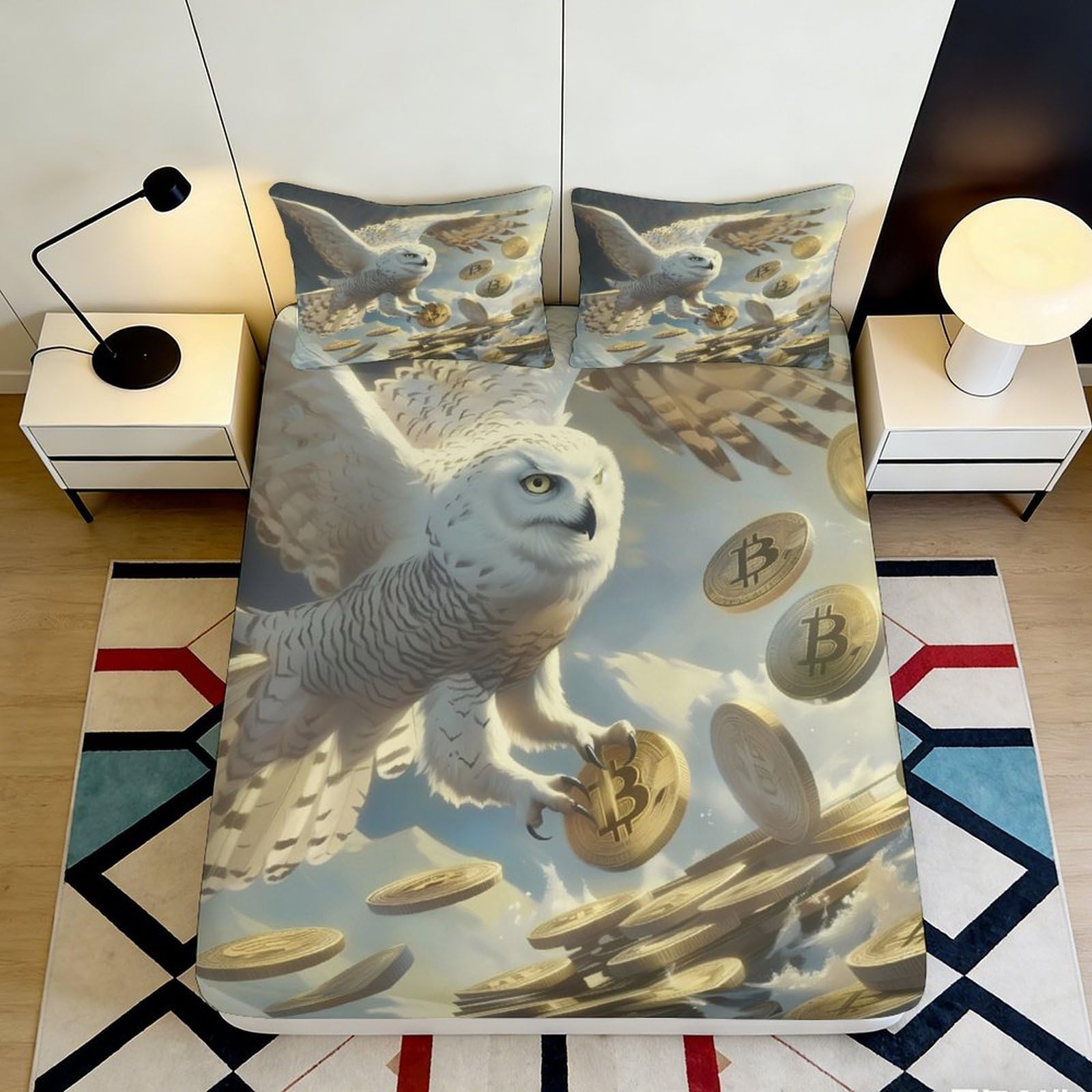 3D Printed Snowy Owl Fitted Sheet Microfiber Soft Breathable Bitcoin Coin Bed Cover for Bedroom Dormitory Guest Room Mattress Protection Decor 200x200x25cm