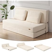 COMAX Folding Sofa Bed, Foldable Couch for Bedroom, Convertible Floor Sleeper Futon Chair Foam, Corduroy 3 in 1 Fold Out Chair Portable Comfy Lounge Couch Sofa Bed for Small Space, Full, Beige