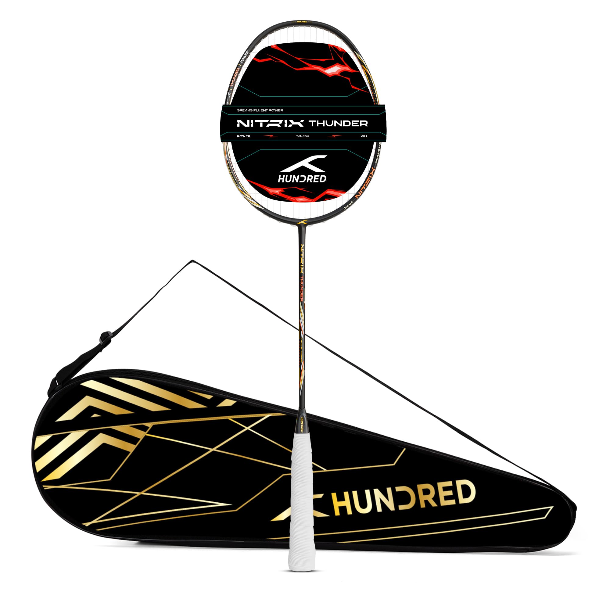 Hundred Nitrix Thunder (Strung) Badminton Racket with Full Cover | ≤32 lbs | Every Shot: Powerful, Precise & Relentless | Superlite Carbon Fibre | Curve² Frame | Graphite Lab Build (Black)-picture-19