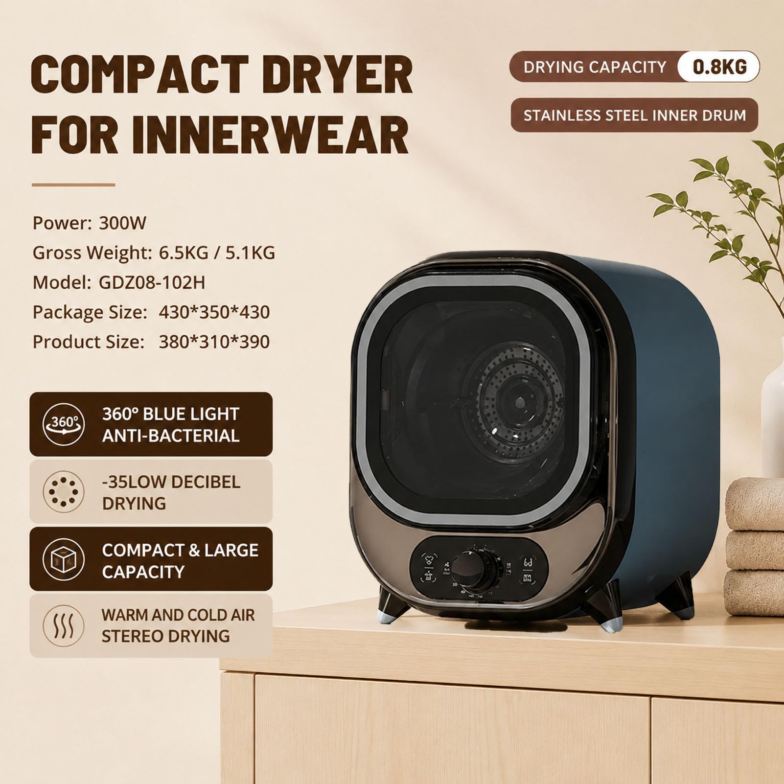 Mini suszarka do ubrań 300 W przenośna suszarka wirowa ElectroplatedBrown