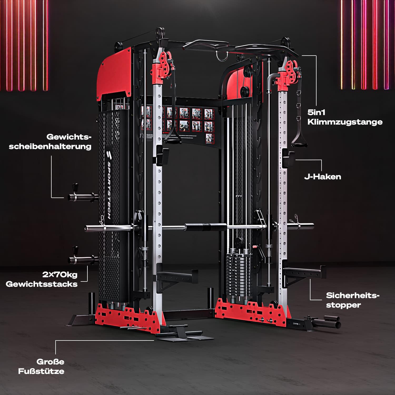Sportstech SXM200 Smith Machine für Zuhause, Power Rack mit Kabelzug, Klimmzug, Langhantelstange, Bench Press, Multipresse, 140kg Trainingsgewicht, Kraftstation inkl. Griffe, Multifunktional, Home Gym
