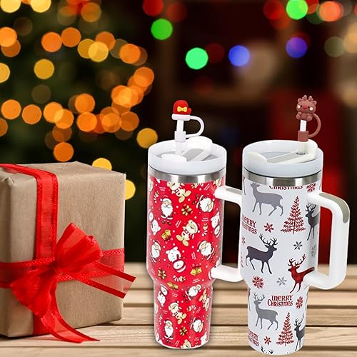 Miniatura 4 de Tapones de paja de Navidad, paquete de 9 bonitos adornos de paja de silicona para Stanley de 30 y 40 onzas con asa, puntas de popote para popotes de