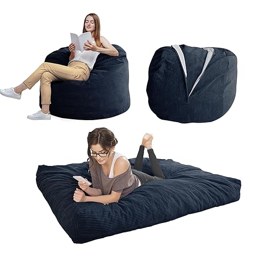 MAXYOYO Sitzsack-Stuhl – umwandelbarer Stuhl, lässt sich vom Sitzsack zum Bett zusammenklappen – großes Sofa mit weichem Mikrofaserbezug, Perfekter Lounge- oder Gaming-Stuhl, dunkelblau – voll