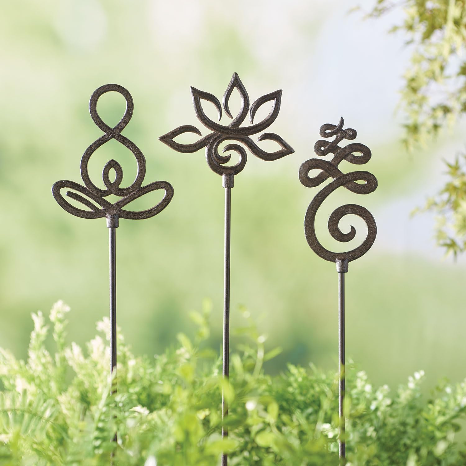 ART & ARTIFACT Zen Garden Stakes Decorative Garden Stakes Set of 3 Japanese Buddhist Symbols, Wrought Iron Stakes, 39 Inches