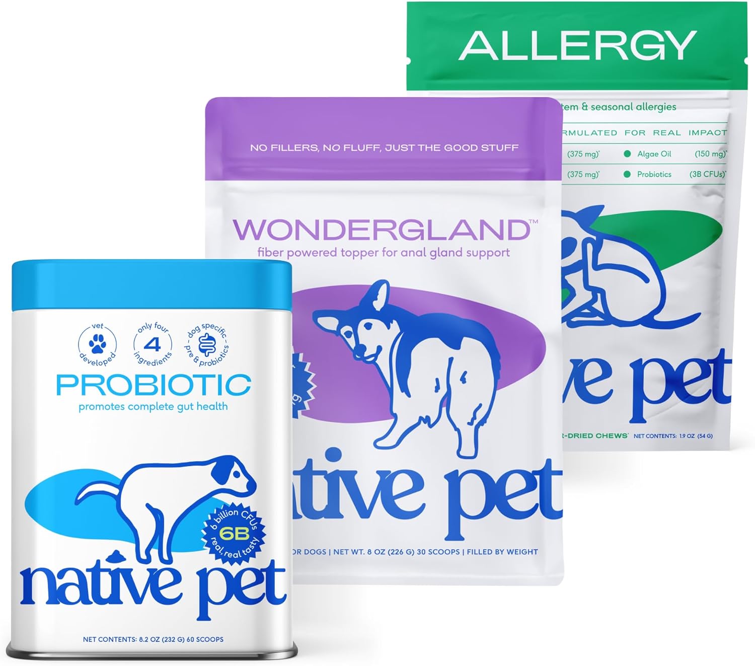 Native Pet WonderGland (30 Scoops), Probiotic (60 Scoops), & Allergy Chews (30 Air-Dried Chews) - Anal Gland Treatment for Dogs, Gut Health Supplement & Allergy Relief Bundle