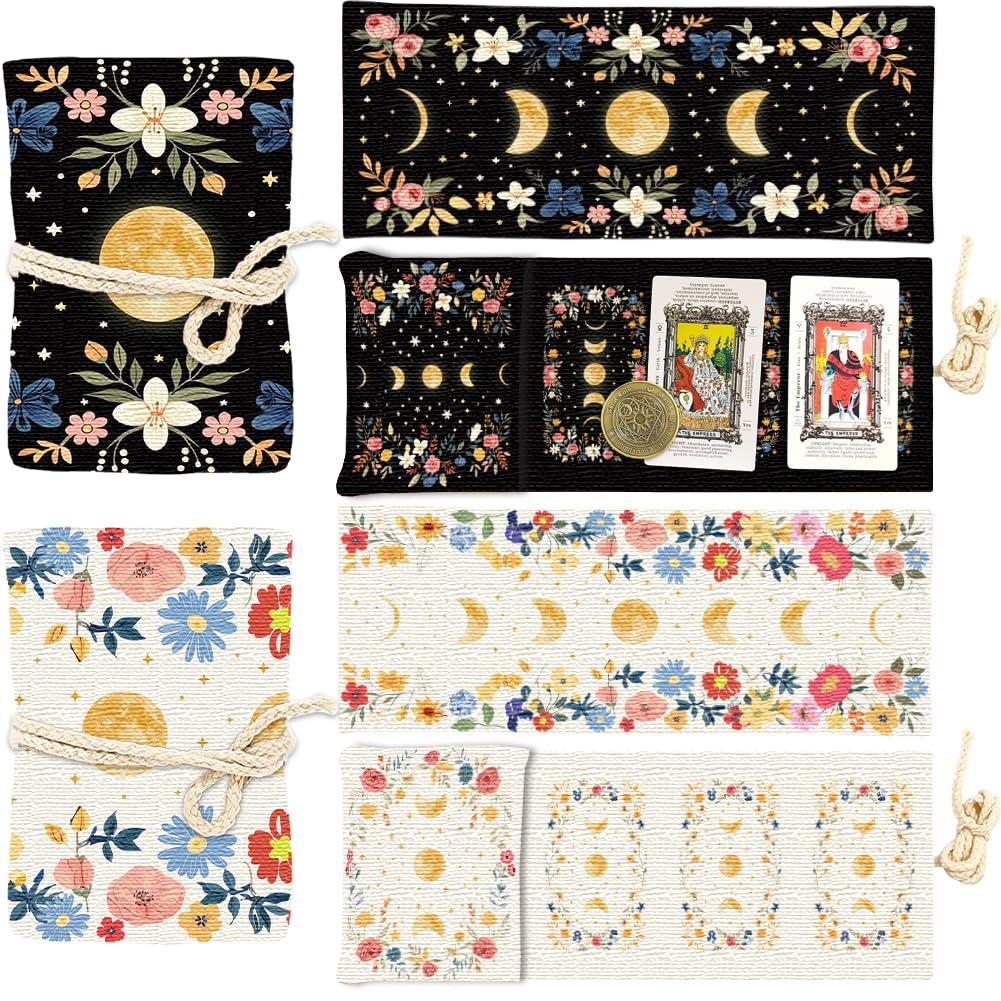 PRESSINART 2Pcs 2 Colors Tarot Card Bag Moon Phase Flower Leaf Pattern 6.3 x 5.1 Inch Tarot Cloth Bag Deck Holder Wrap Storage Pouches for Oracle Card Organizer Divination Supplies Reading Accessories