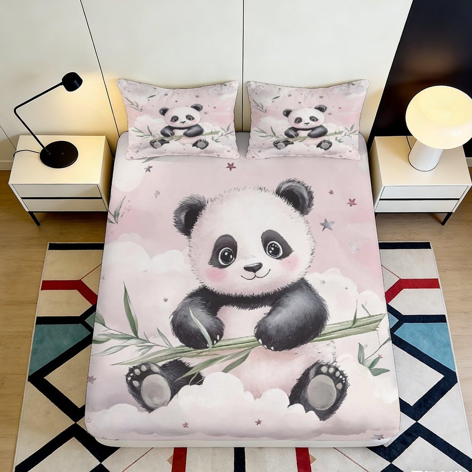 3D Printed Cute Panda Fitted Sheet Microfiber Soft Pink Cartoon Bamboo Mattress Cover for Bedroom Guest Room Decor 90x200x25cm