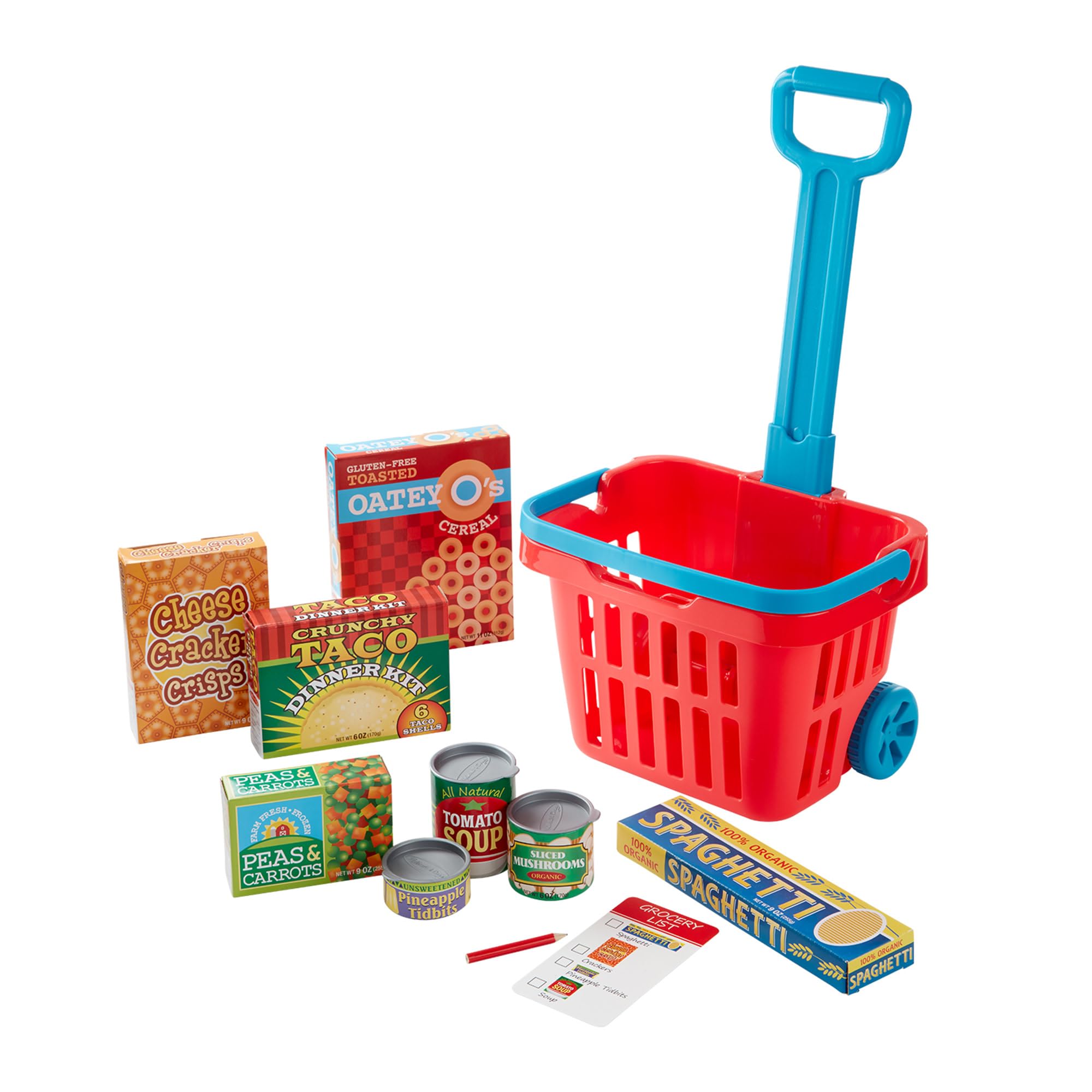 Melissa & Doug Carrellino della Spesa con Cibo Finto, Carrello Giocattolo con Ruote e Manico, Set Supermercato per Bambini con Lista Spesa, Gioco di Ruolo e Imitazione, 11 Pezzi, 3+ Anni