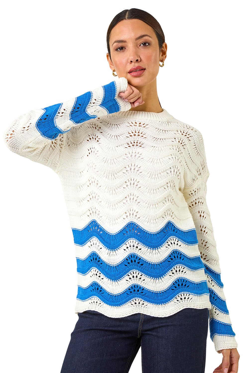 Roman Originals Women's Ivory Chevy Pointelle Knit Jumper For Uk - Everyday Autumn Winter Round Neckline Comfy Soft Evening Vacation Work Party Night Out - Size 12