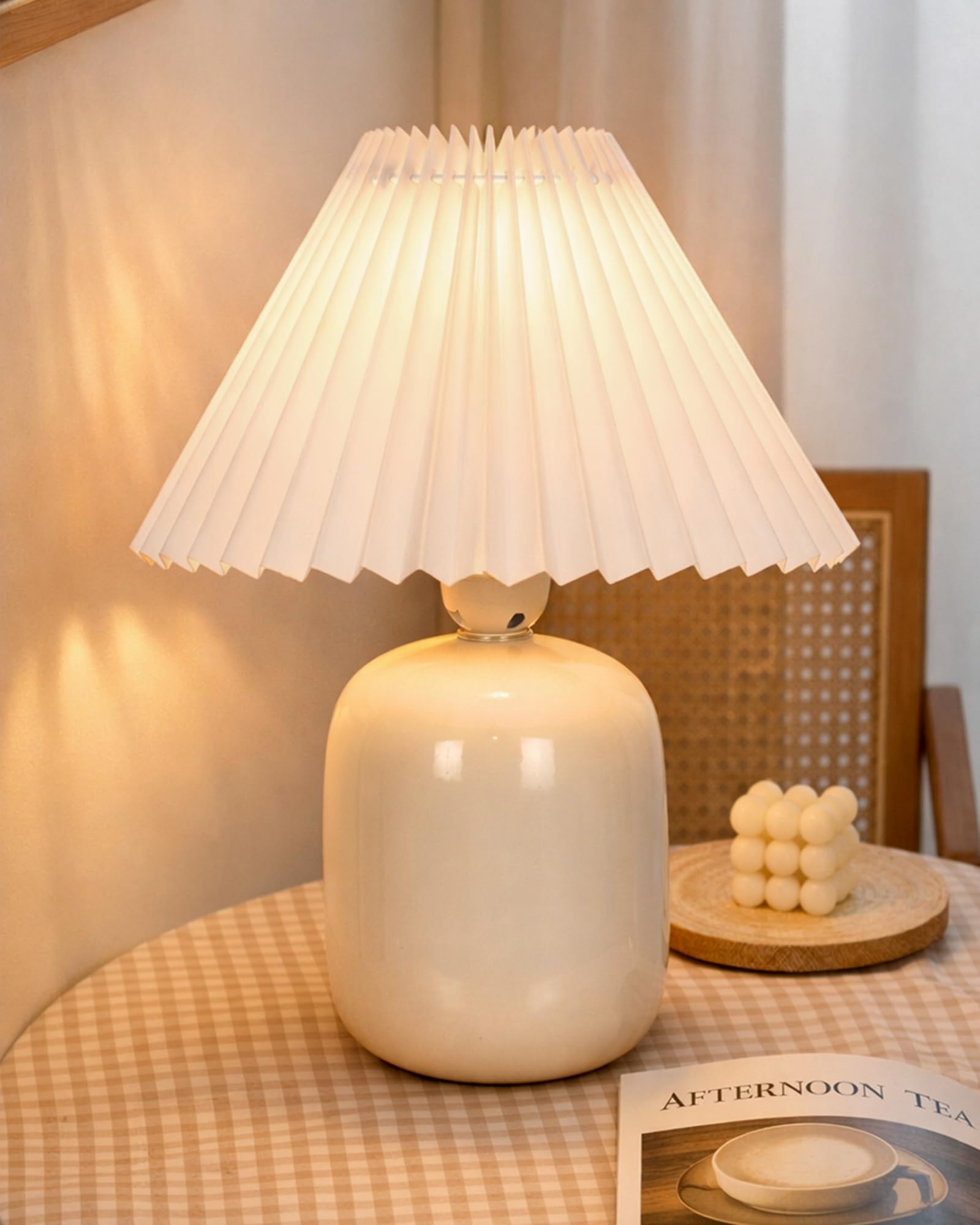 Homesake® Modern Small Ceramic Table Lamp, Classic Bedside Desk lamp for Living Room Bedroom, Farmhouse Nightstand Lamps Side Table Lamp Kids Room Glossy Dovel, White Pleated Shade-image-14