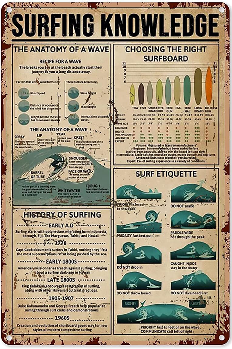 Mocozim Surfing Decorations for Bedroom Surfing Knowledge Satin Poster,Beginners Guide to Surfing,Surfing Poster,Surf Slang,Wall Decoration Surf Decor for Bedroom Metal Sign 8x12 inch
