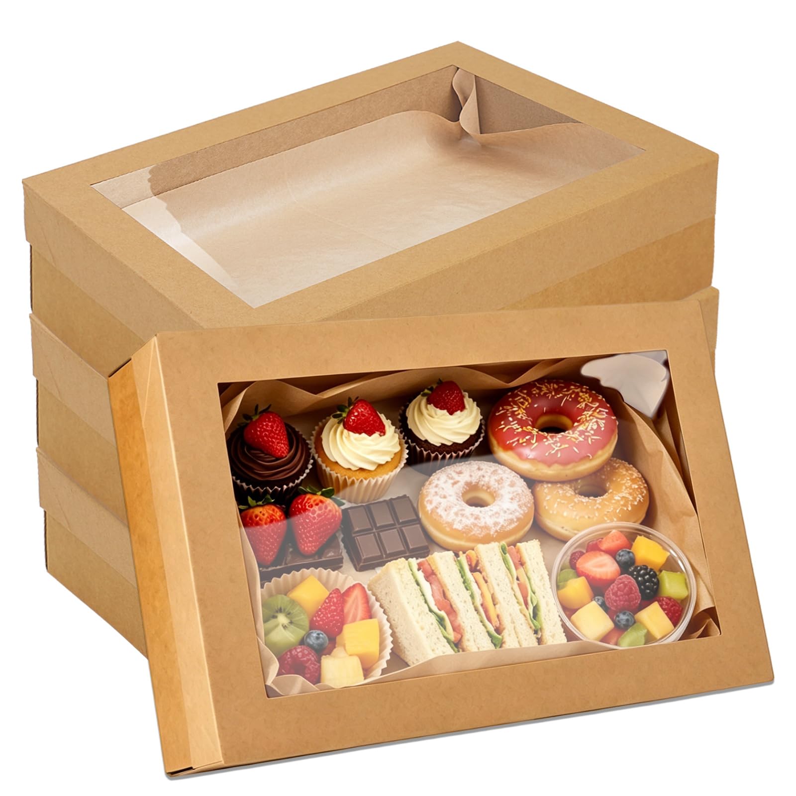 Cherrypick 10 Pack Bakery Boxes with Window, 13.78x9.84x3.15 Inch Cookie Boxes, Extra Strong Cupcake Boxes, Pastry Boxes, Brown Treat Box for Gift Giving, Baking Pies, Cakes, Muffins and Desserts (M)
