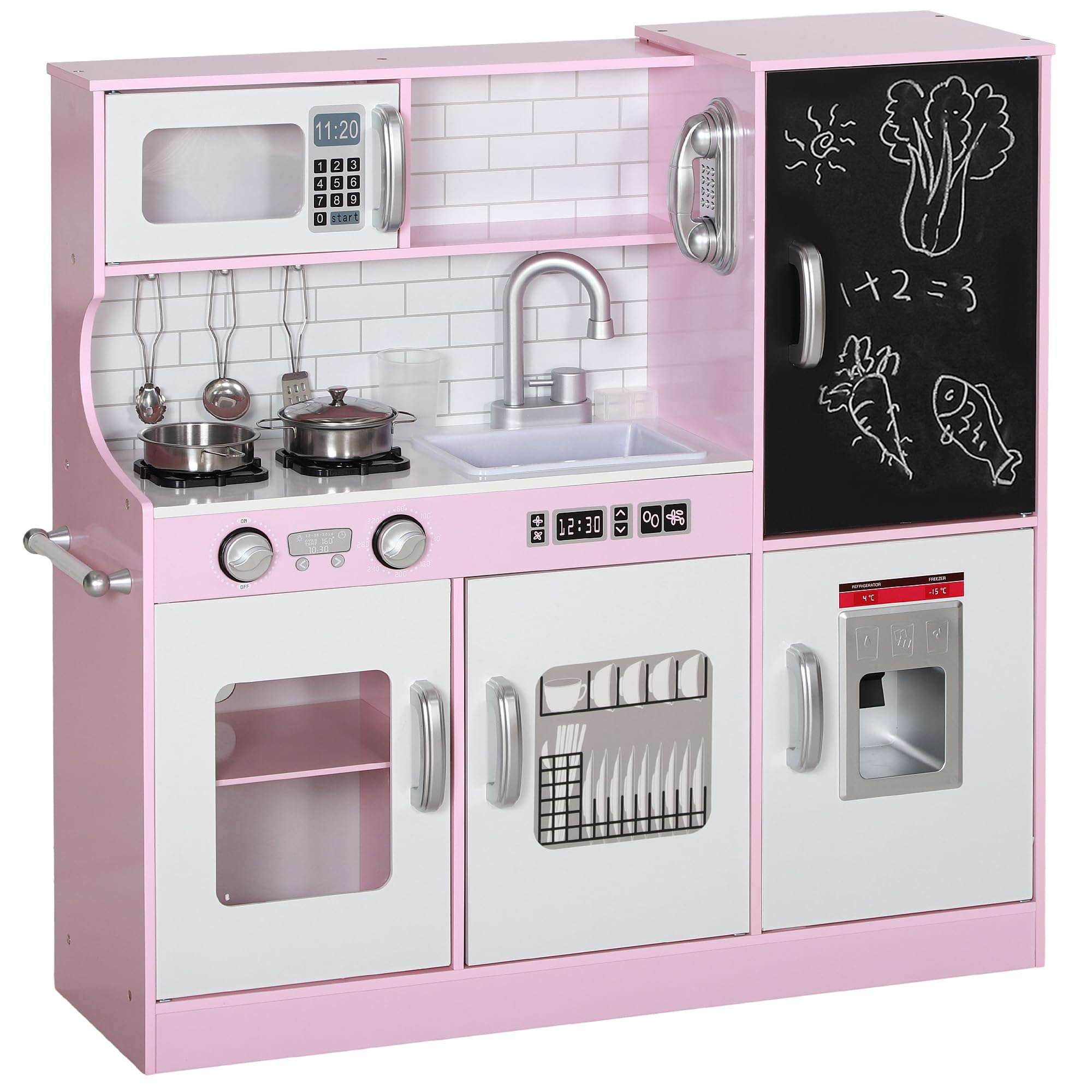 AIYAPLAY Cocina de Juguete Cocina para Niños de +3 Años Cocinita Infantil de Madera con Accesorios para Cocinar Pizarra Máquina de Hielo y Teléfono 83,8x26,8x81 cm Rosa
