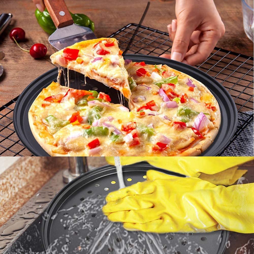 2 Pezzi Antiaderente Teglia per Pizza, Rotonda Teglia per Pizza, Acciaio al Carbonio Teglia per Pizza, Ottimo per Uso Domestico E per Feste, Utilizzato per Preparare Una Varietà di Pizze, Torte