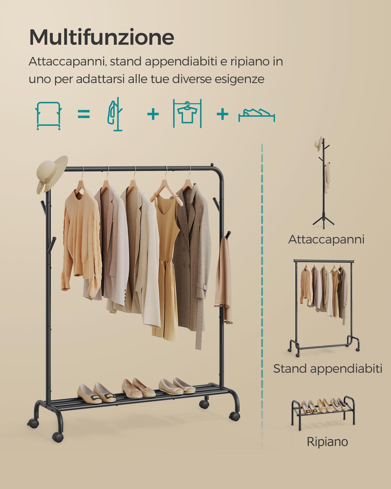 SONGMICS Stand Appendiabiti Singolo, Attaccapanni con Ruote, Struttura in Acciaio, Portata fino a 50 kg, Larghezza di 103,5 cm, Multifunzione, Nero HSR131B01