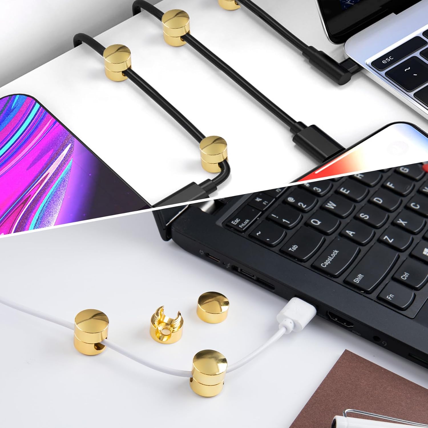 PAGOW 3 Pcs Gold Cable Anchors, Metal Charger and Wire Organizers, Adhesive Cord Clips, Multi-Function Gun Metal Cord Anchors Holder, Cable Management for Desk, Office, Home, Wall