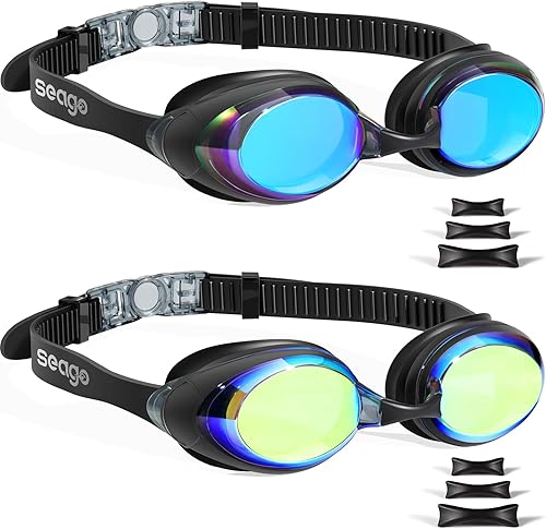 Seago 2 Pack Swimming Goggles Anti-fog Anti-UV Mirrored Swim Goggles Adult Women Men