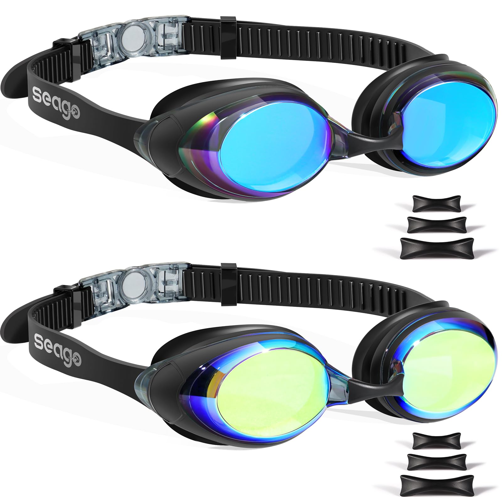 Seago 2 Pack Swimming Goggles Anti-fog Anti-UV Mirrored Swim Goggles Adult Women Men