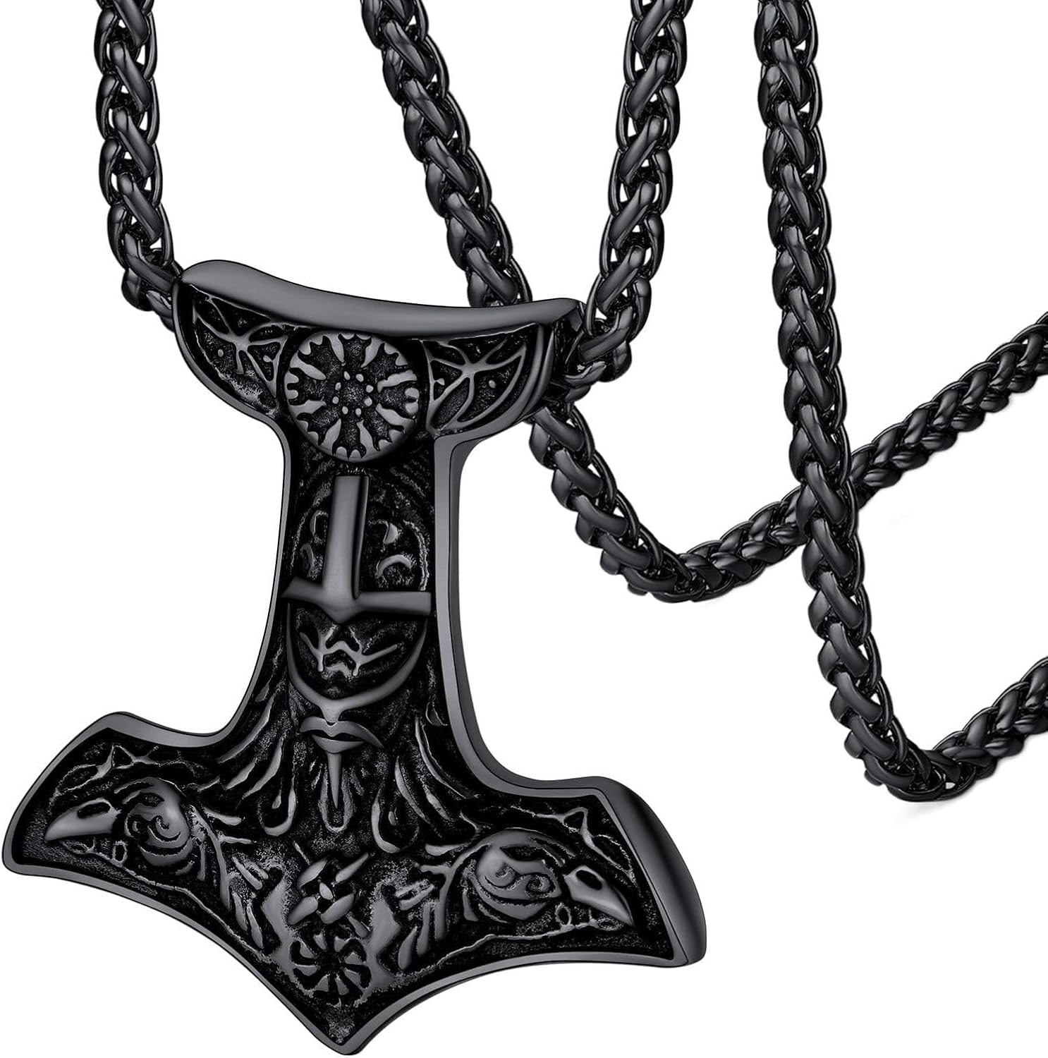 FaithHeart Viking Thor's Hammer Talisman Necklace for Men, Vintage Norse Mjolnir Amulet Pendant with Sturdy Wheat Chain, Stainless Steel Jewelry (Gift Box)