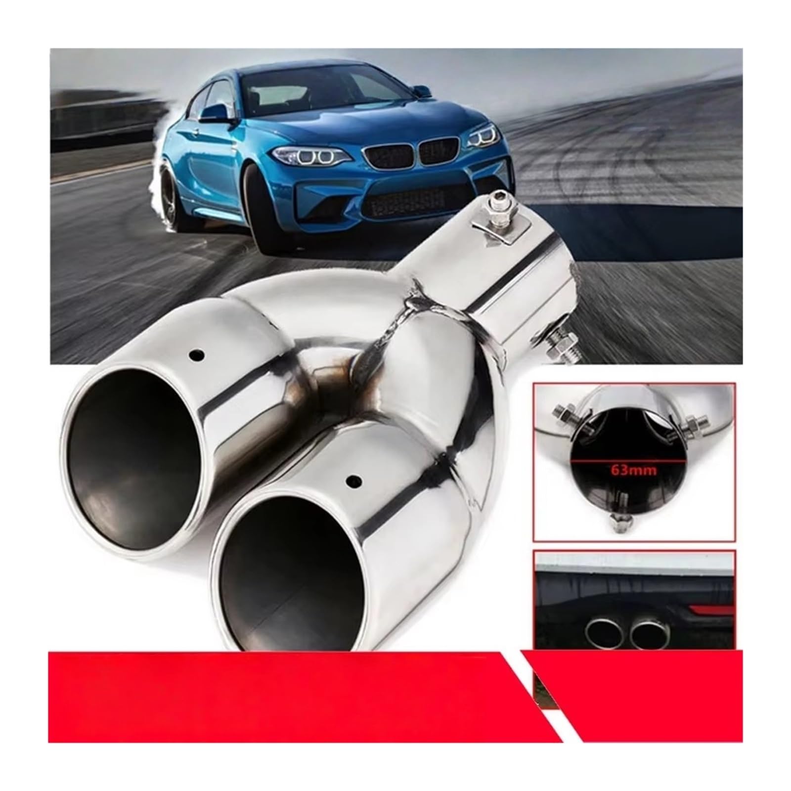 NiSza Coche Cola de Escape Silenciador Cromado Inoxidable Salida 63mm Punta Tubo Escape embellecedor Extremo Revestimiento Garganta Trasera modificada Herramientas Plateadas